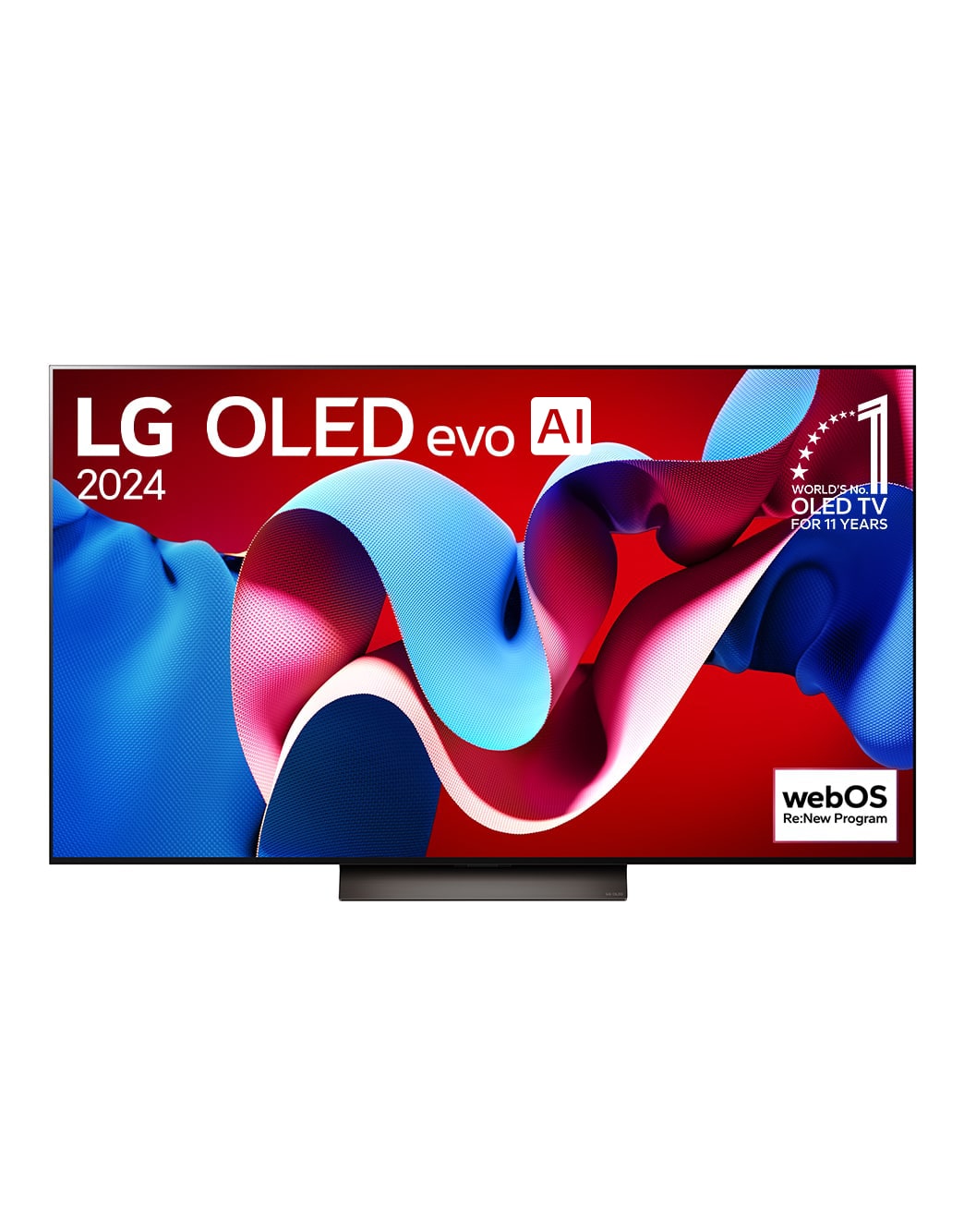 Вид спереди на телевизор LG OLED evo, OLED C4, logo эмблемы «OLED №1 в течение 11 лет» и logo программы webOS Re:New на экране