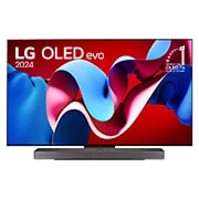 Вид спереди на телевизор LG OLED evo, OLED C4, logo эмблемы «OLED №1 в течение 11 лет» и logo программы webOS Re:New на экране, а также звуковую панель снизу