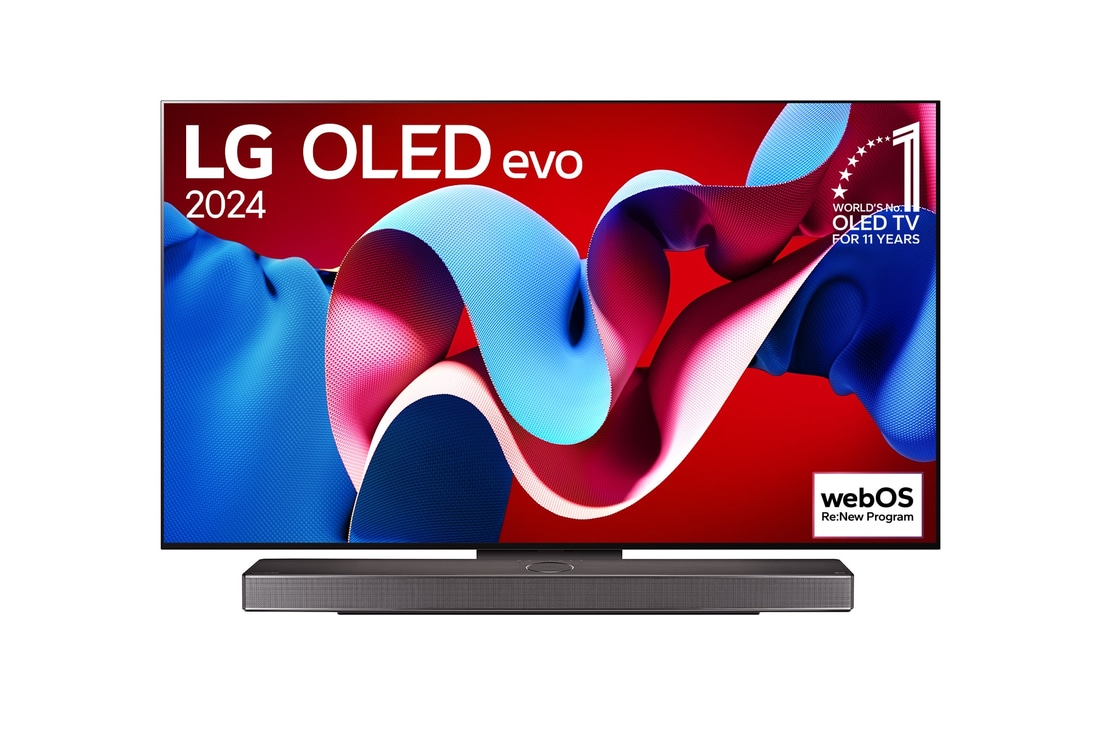 Вид спереди на телевизор LG OLED evo, OLED C4, logo эмблемы «OLED №1 в течение 11 лет» и logo программы webOS Re:New на экране, а также звуковую панель снизу