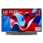 Вид спереди на телевизор LG OLED evo, OLED C4, logo эмблемы «OLED №1 в течение 11 лет» и logo программы webOS Re:New на экране, а также звуковую панель снизу