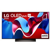 Вид спереди на телевизор LG OLED evo, OLED C4, эмблему «OLED №1 в течение 11 лет» и logo программы webOS Re:New на экране
