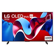 Вид спереди на телевизор LG OLED evo, OLED C4, logo эмблемы «OLED №1 в течение 11 лет» и logo программы webOS Re:New на экране, а также звуковую панель снизу