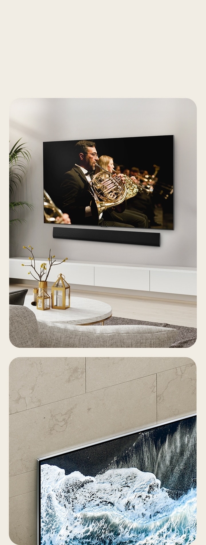Телевизор LG OLED, OLED G4 под углом относительно мраморной стены, демонстрирующий, как он сливается с стеной.   Телевизор LG OLED, OLED G4 и саундбар LG в чистом жилом помещении, установленные плоско на стене, с оркестровым выступлением на экране. 