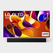 Вид спереди на телевизор LG OLED evo, OLED G4, вид на эмблему «OLED №1 в течение 11 лет» на экране, а также на расположенную ниже звуковую панель