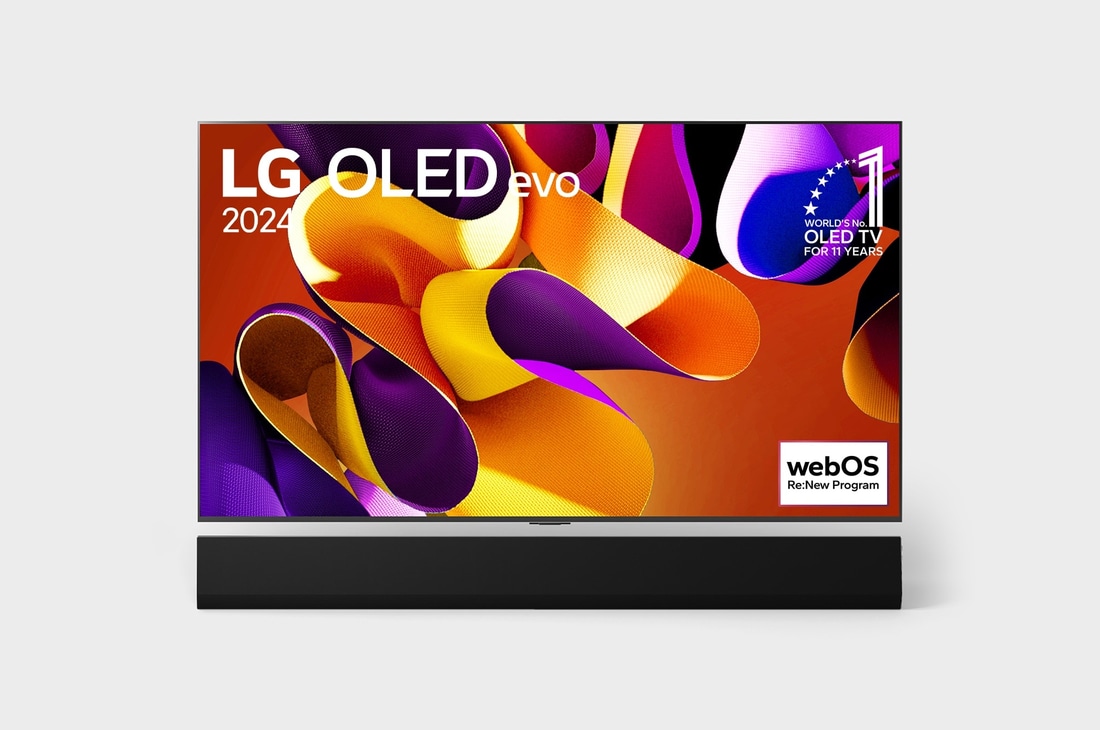 Front view with LG OLED evo TV, OLED G4, 11 Years of world number 1 OLED Emblem, and 5-Year Panel Warranty logo on screen, as well as the Soundbar below