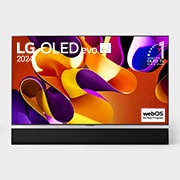 Front view with LG OLED evo TV, OLED G4, 11 Years of world number 1 OLED Emblem, and 5-Year Panel Warranty logo on screen, as well as the Soundbar below