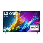 Вид спереди на телевизор LG QNED, QNED80 с текстом LG QNED, 2024 и логотипом webOS Re:New Program на экране