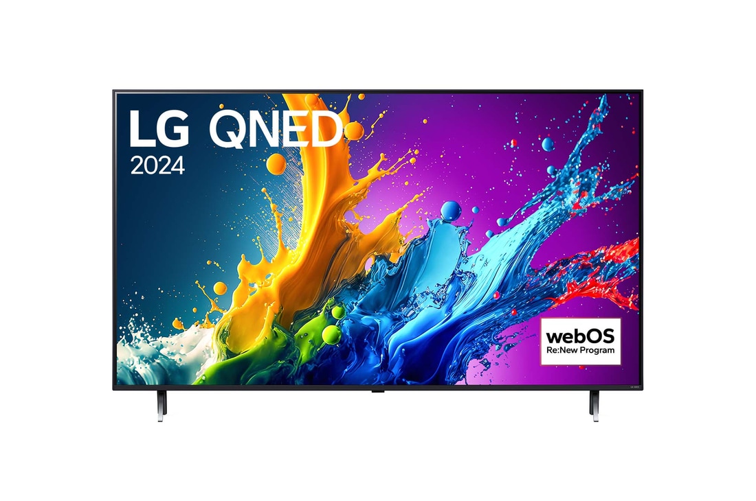 Вид спереди на телевизор LG QNED, QNED80 с текстом LG QNED, 2024 и логотипом webOS Re:New Program на экране