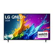 Вид спереди на телевизор LG QNED, QNED80 с текстом LG QNED, 2024 и логотипом webOS Re:New Program на экране