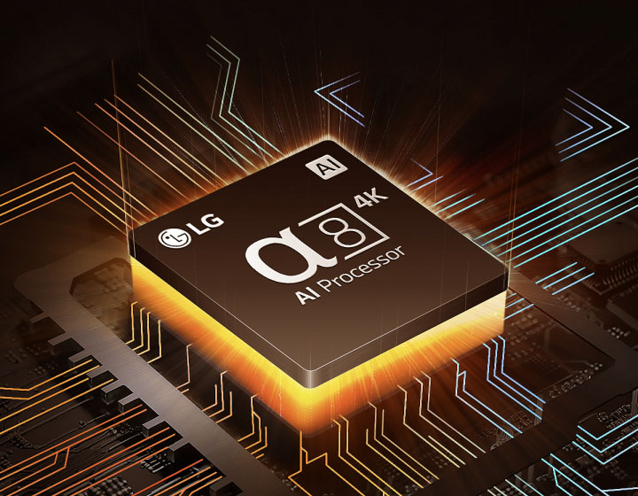 ИИ-процессор alpha 8 4K LG с оранжевым светом, исходящим из-под корпуса, и разноцветные линии печатных плат, ответвляющиеся от ИИ-процессора.