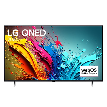 Вид спереди на телевизор LG QNED, QNED85 с текстом LG QNED, 2024 и логотипом webOS Re:New Program на экране