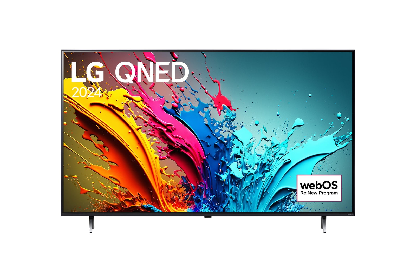 Вид спереди на телевизор LG QNED, QNED85 с текстом LG QNED, 2024 и логотипом webOS Re:New Program на экране