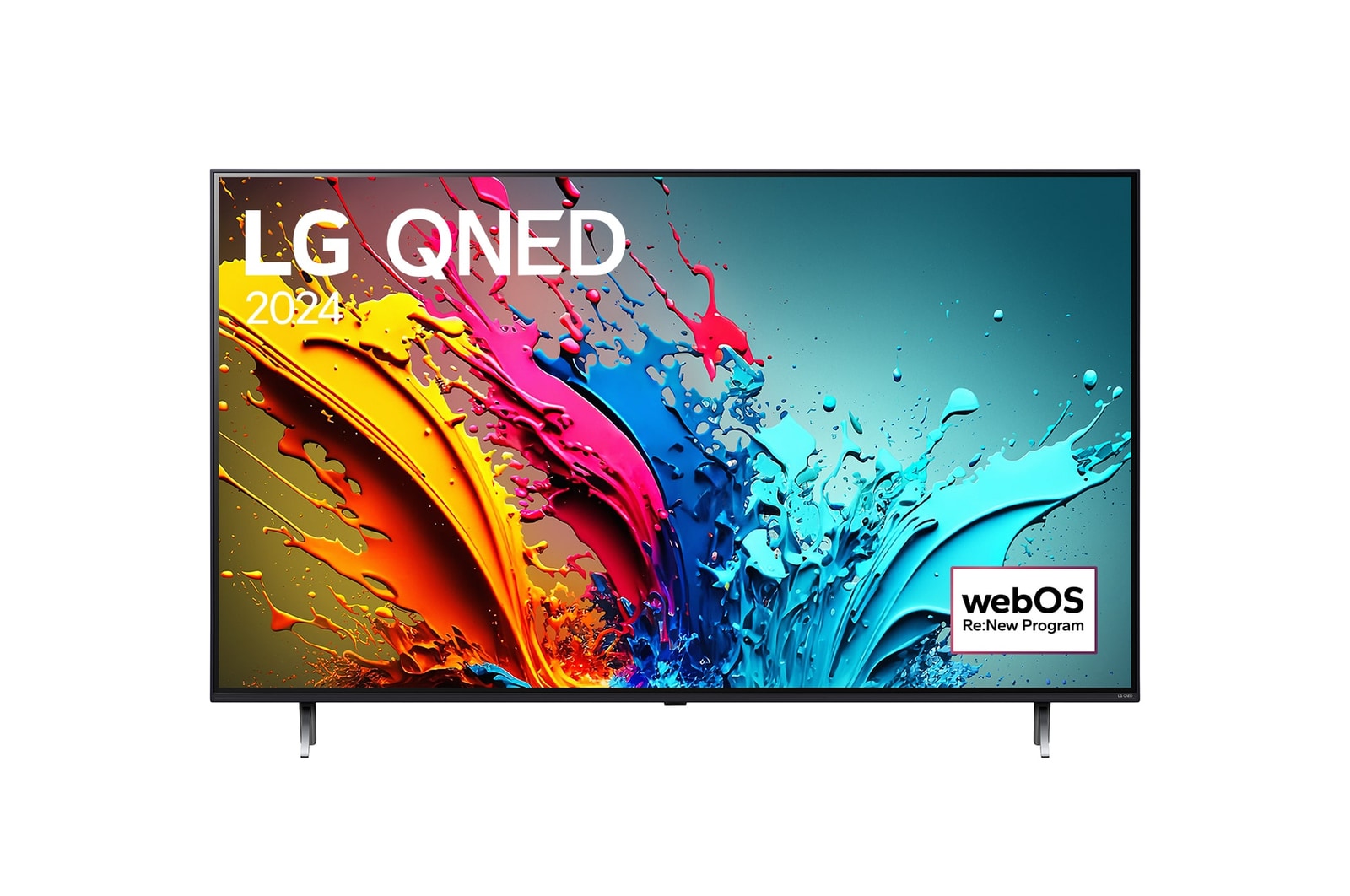 Вид спереди на телевизор LG QNED, QNED85 с текстом LG QNED, 2024 и логотипом webOS Re:New Program на экране