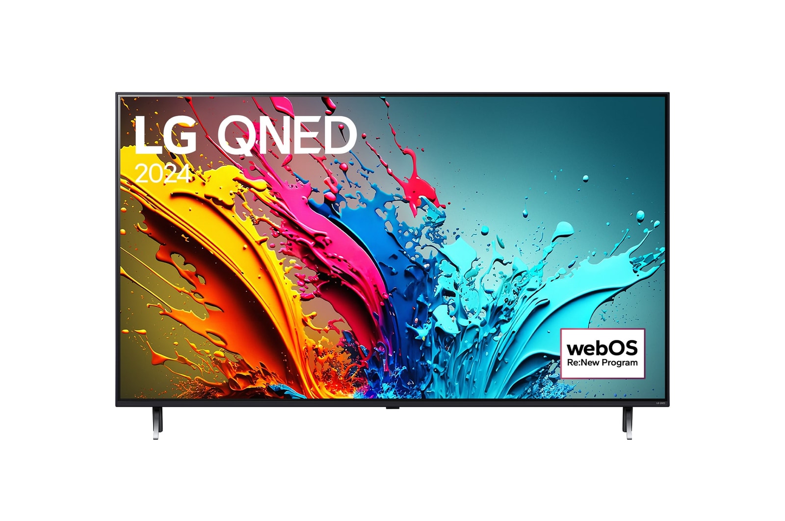 Вид спереди на телевизор LG QNED, QNED85 с текстом LG QNED, 2024 и логотипом webOS Re:New Program на экране