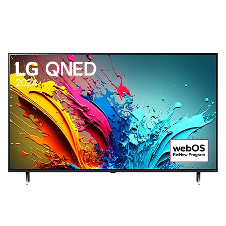 Вид спереди на телевизор LG QNED, QNED85 с текстом LG QNED, 2024 и логотипом webOS Re:New Program на экране