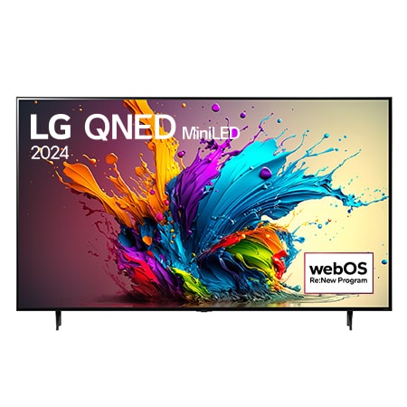 Вид спереди на телевизор LG QNED, QNED90 с текстом LG QNED MiniLED, 2024 и логотипом webOS Re:New Program на экране