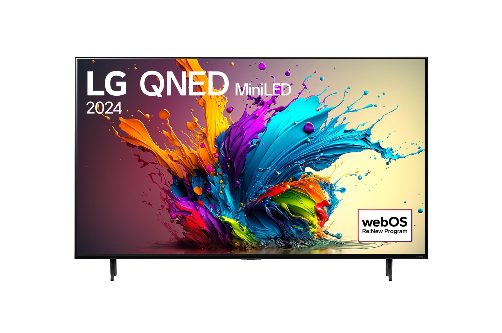 Вид спереди на телевизор LG QNED, QNED90 с текстом LG QNED MiniLED, 2024 и логотипом webOS Re:New Program на экране
