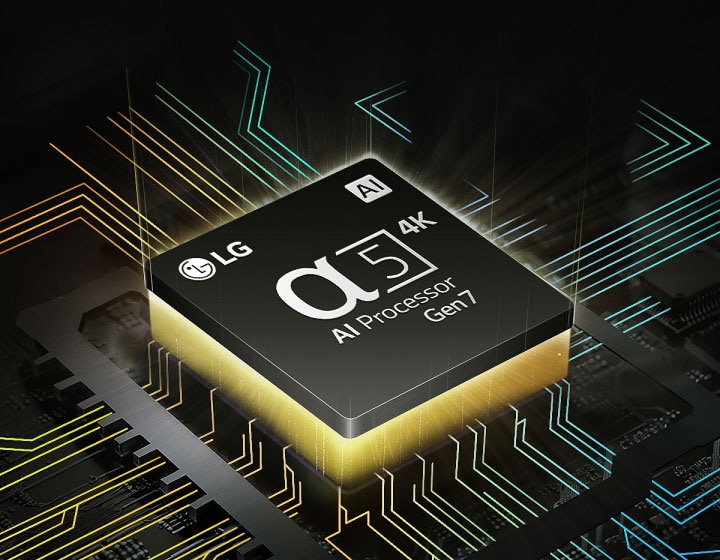 ИИ-процессор alpha 5 4K 7-го поколения LG с желтым светом, исходящим из-под него, и разноцветные линии печатных плат, ответвляющиеся от ИИ-процессора.