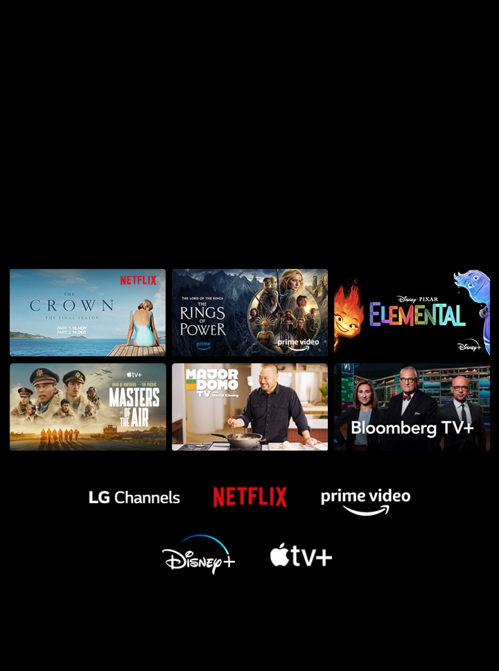 На экране отображаются шесть пиктограмм фильмов и телепередач, а ниже — логотипы LG Channels, Netflix, Prime Video, Disney+ и Apple TV+.