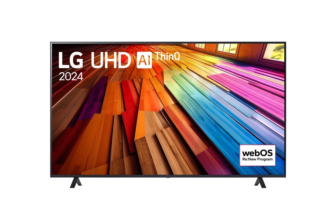 Вид спереди на телевизор LG UHD, UT80 с текстом LG UHD AI ThinQ, 2024 и логотипом webOS Re:New Program на экране