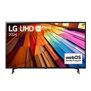 Вид спереди на телевизор LG UHD, UT80 с текстом LG UHD AI ThinQ, 2024 и логотипом webOS Re:New Program на экране
