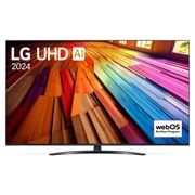 Вид спереди на телевизор LG UHD, UT81,2024 и логотипом webOS Re:New Program на экране