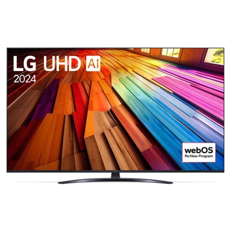 Вид спереди на телевизор LG UHD, UT81,2024 и логотипом webOS Re:New Program на экране