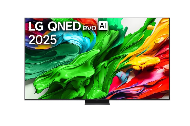 Вид спереди на телевизор LG QNED evo QNED85, логотип LG QNED evo Al в верхнем углу. Телевизор LG QNED evo QNED85 отображает красочные текстуры, напоминающие мазки краски, сливающиеся воедино.