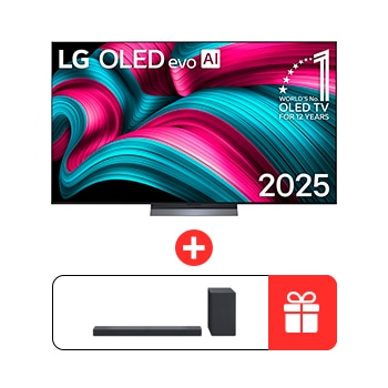 Вид спереди на телевизор Smart TV LG OLED evo AI C5 4K. На экране показаны эмблема «12 лет №1 в мире среди OLED» и логотип LG OLED evo AI 2025.