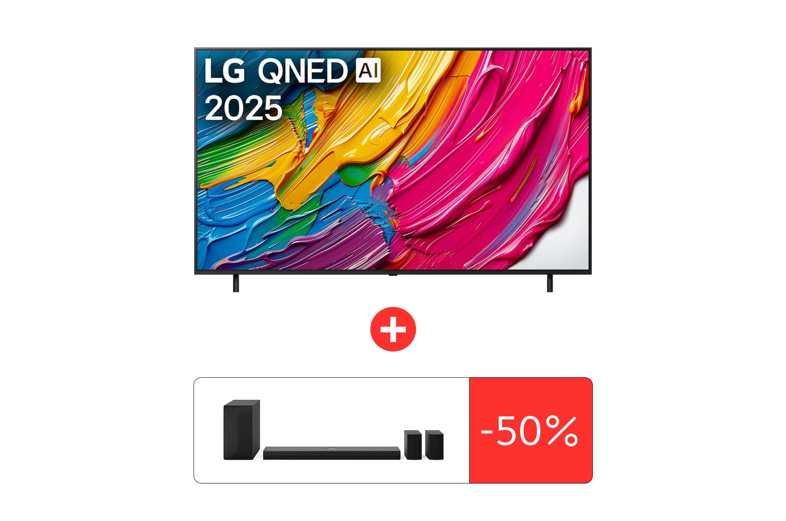 Передний вид LG QNED80 TV, логотип LG QNED AI в верхнем углу. LG QNED TV отображает красочные текстуры, напоминающие мазки краски, сливающиеся воедино.