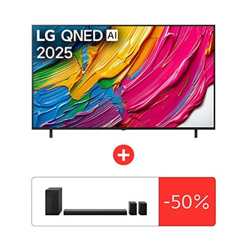 Передний вид LG QNED80 TV, логотип LG QNED AI в верхнем углу. LG QNED TV отображает красочные текстуры, напоминающие мазки краски, сливающиеся воедино.