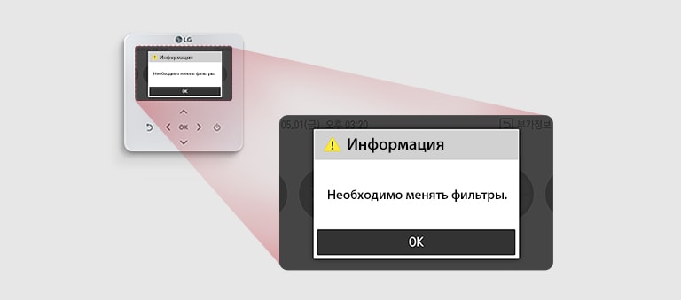 На панели управления с настенным креплением отображается сообщение ошибки. Увеличенное сообщение ошибки, извещающее о необходимости замены фильтра отображается в центре.