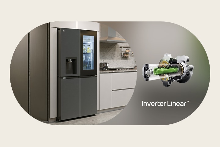 Холодильник LG и линейный инверторный компрессор LG Inverter Linear Compressor™ расположены рядом друг с другом.