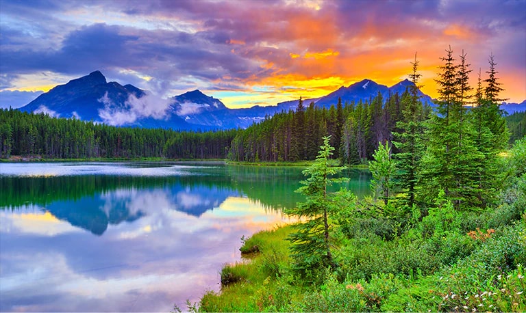На этой карточке описано качество изображения. На изображении показан цветной закат на озере, окруженном лесом.