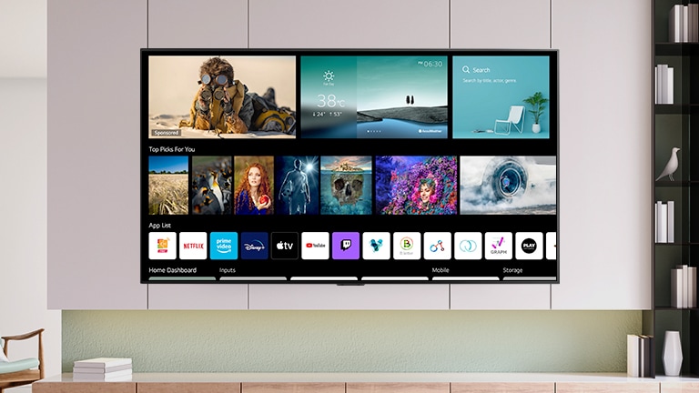 TV screen with new home screen design with personalized content and channels