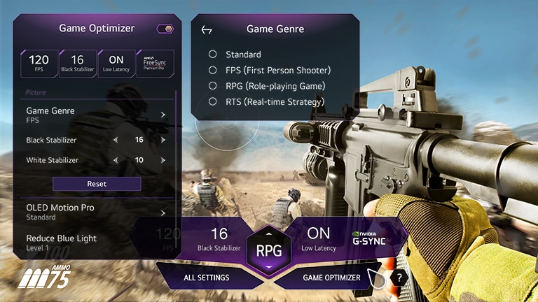 The display shows a scene from the game in first person with a man with a gun at war. The settings pop-up window is shown on the screen. The Game Optimizer window pops up when you click the Game Optimizer button in the Game Control Panel.