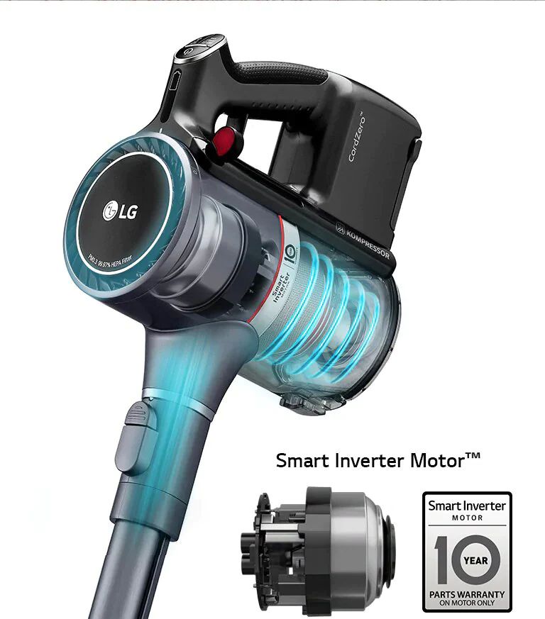 Слева — рукоятка пылесоса, справа — внешний вид инверторного двигателя Smart Inverter Motor® внутри устройства.