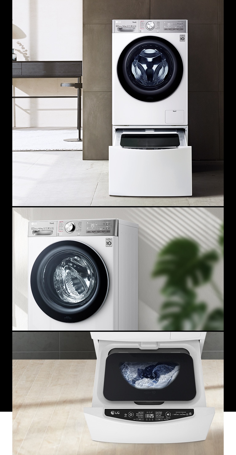 Three interior photos with twinwash and washing machine.