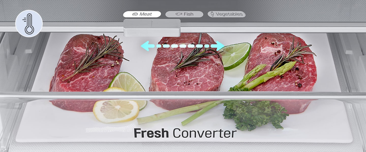 Крупный план регулятора fresh converter на фоне мяса, установленного на соответствующий уровень температуры для мяса из возможных настроек для мяса, рыбы и овощей.