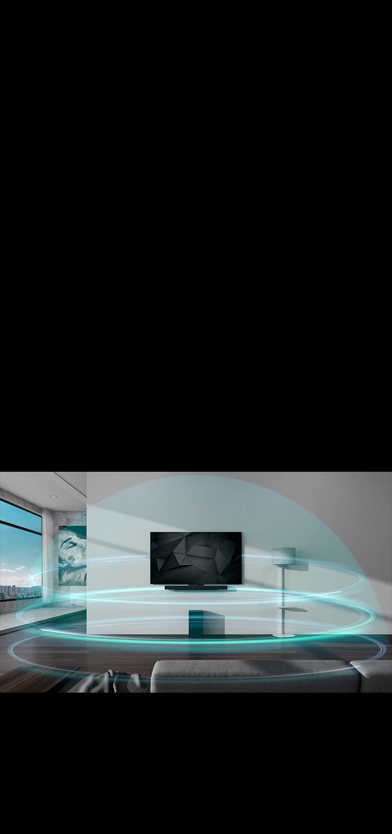 Синие куполообразные трехслойные звуковые волны покрывают саундбар и телевизор, закрепленные на стене в гостиной.
