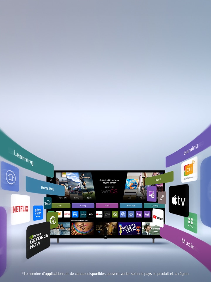 LG Smart TV affichant l’écran d’accueil webOS avec des applications de divertissement et des éléments d’interface utilisateur LG Channels qui s’étendent de manière dynamique vers l’extérieur, mettant en valeur plus de 4 000 applications et chaînes internationales.