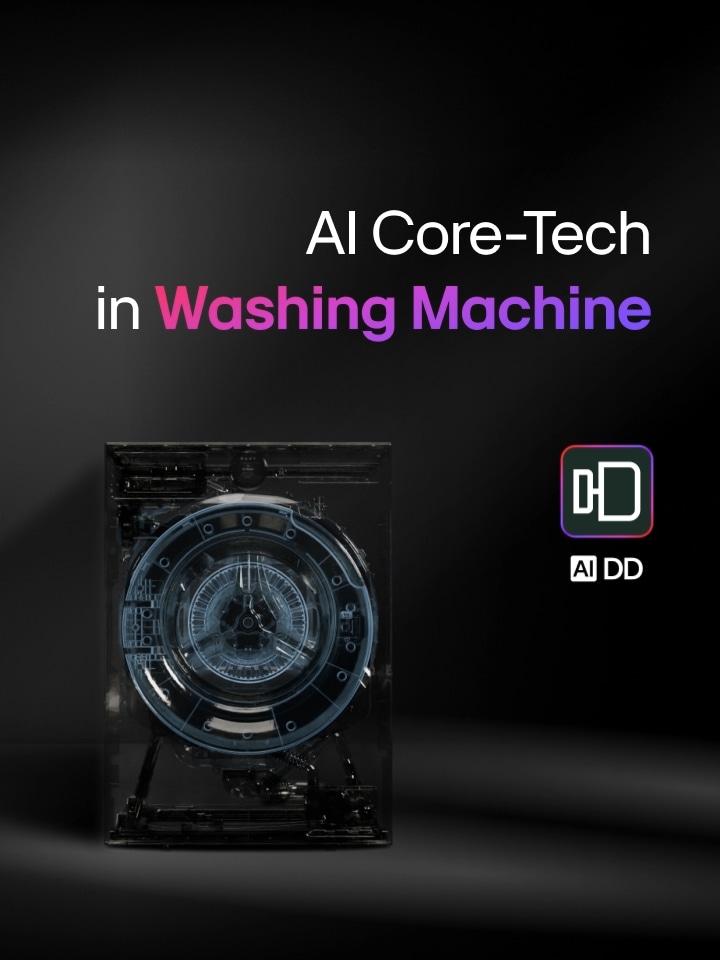 Un lave-linge LG est représenté avec une vue transparente du composant AI DD, ainsi que le titre « AI Core-Tech in Washing Machine » et l'emblème AI DD avec des lettres 'DD' stylisées, représentant la technologie AI Direct Drive, sont affichés sur un fond sombre avec une bordure rose et violette.