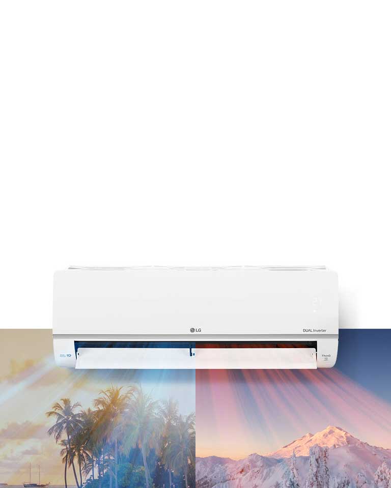 LG climatiseur mural Dual Inverter, refroidit une plage tropicale à gauche et chauffe une montagne enneigée à droite.