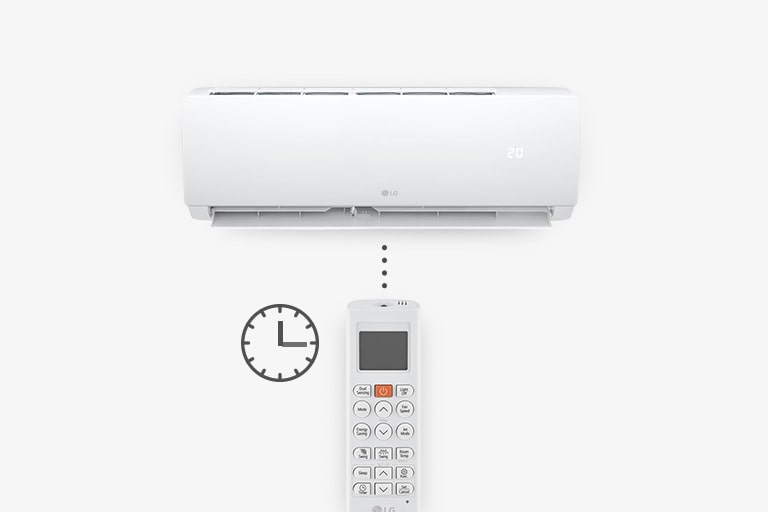 Climatiseur mural LG blanc avec télécommande en dessous et icône d'horloge pour fonction de programmation.