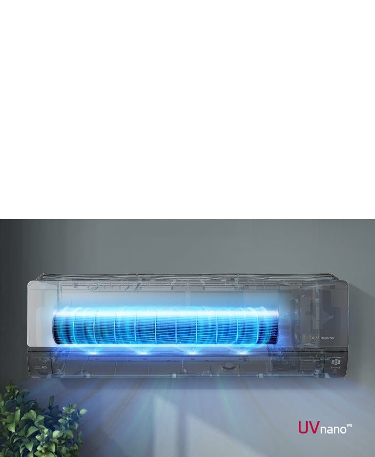 Climatiseur mural LG Dual Inverter avec lumière bleue UVnano, monté au-dessus d'une fenêtre avec des plantes en bas à gauche.