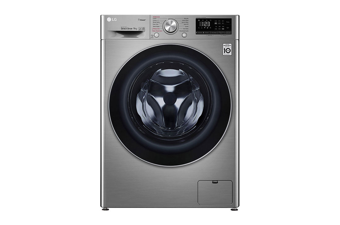 LG Lave-linge de 9 kg à chargement frontal, AI Direct Drive Motor, vapeur, couleur argent, F4V5VYP2T