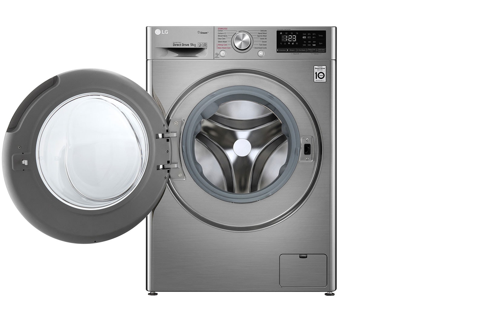 LG Lave-linge de 9 kg à chargement frontal, AI Direct Drive Motor, vapeur, couleur argent, F4V5VYP2T