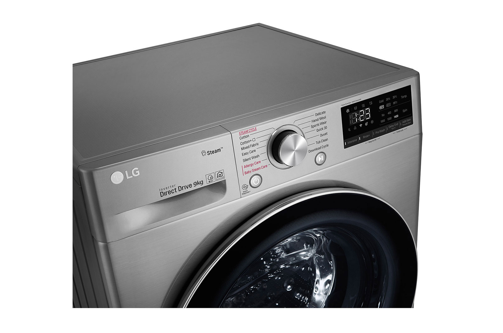 LG Lave-linge de 9 kg à chargement frontal, AI Direct Drive Motor, vapeur, couleur argent, F4V5VYP2T