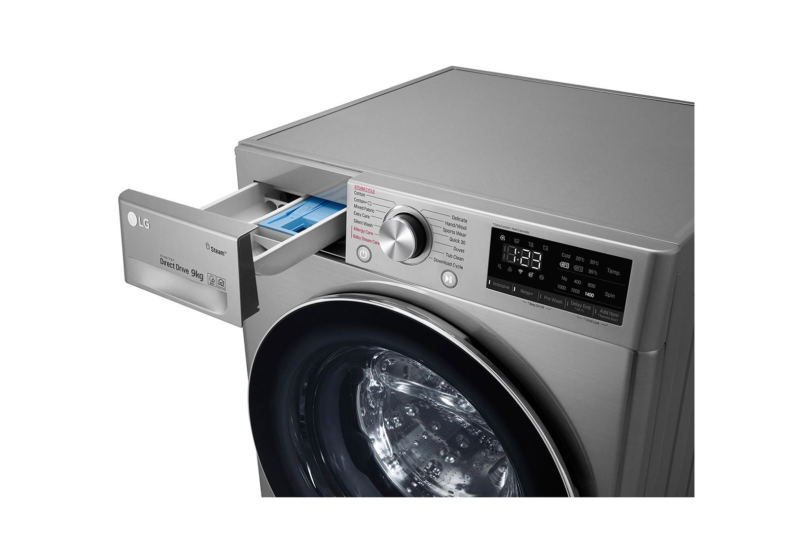 LG Lave-linge de 9 kg à chargement frontal, AI Direct Drive Motor, vapeur, couleur argent, F4V5VYP2T