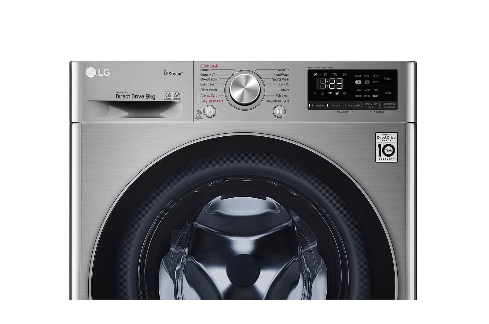 LG Lave-linge de 9 kg à chargement frontal, AI Direct Drive Motor, vapeur, couleur argent, F4V5VYP2T